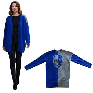 NEW Cozy Casual Royal Blue & Gray Skull V Neckline Oversize Cardigan Sweater